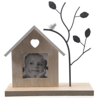 dekorativer kleiner Bilderrahmen als Haus aus Holz mit Metall-Dekobaum