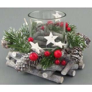 dekoratives weihnachtliches Tischlicht als Kranz mit Glasteelicht Kunsttanne roten Beeren weißen Sternen ca. 15 x 9 cm
