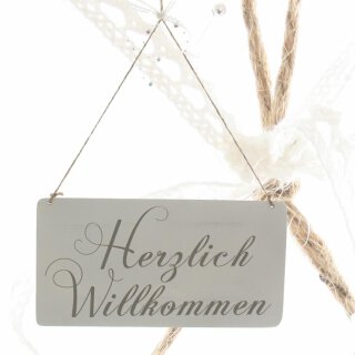 dekoratives Schild Holz weiß mit grauem Schriftzug Herzlich Willkommen