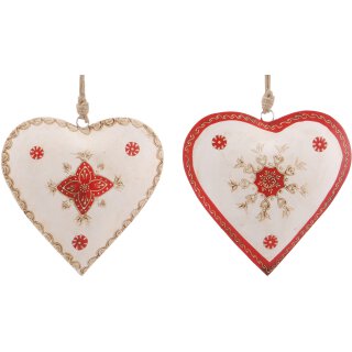 dekorativer Anhänger Herz Metallherz handbemalt creme-rot Preis für 2 Stück