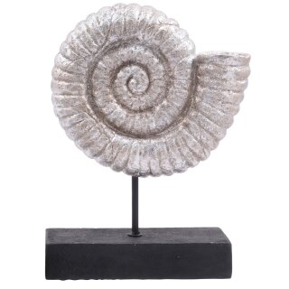 individuelles Deko-Objekt Ammonit silberfarbig auf schwarzem Holzfuß