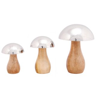 dekorativer Deko-Pilz aus Naturholz mit silber glänzender Metallkappe in 3 möglichen Größen