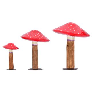 dekorativer Deko-Pilz aus Naturholz mit farbiger Kappe aus Metall rot mit weißen Punkten in 3 möglichen Größen