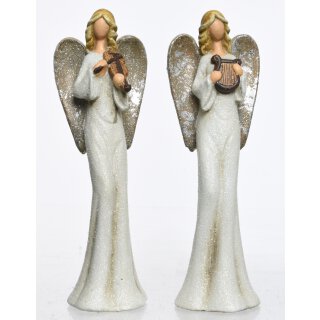 kleiner dekorativer stimmungsvoller Deko-Engel Keramik-Engel cremeweiß-silber mit Glimmer Preis für 2 Stück