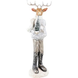 große dekorative Figur als Hirsch im Strickpulli mit Tanne