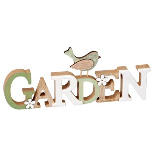 dekorativer Schriftzug Garden mit Vogel und Blumen aus Holz in braun-grün-weiß