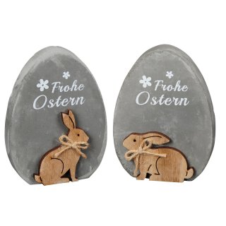 dekoratives flaches Deko-Ei Osterei "Frohe Ostern" mit Hasenmotiv grau-weiß  Preis für 2 Stück