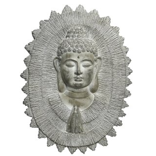 ausgefallener dekorativer Buddha-Kopf als ovale Wanddeko in hellgrau-weiß