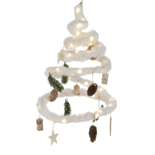 dekorative LED- Leuchtspirale zum Hängen mit weißem Kunstfell und winterlicher Deko komplett fertig dekoriert