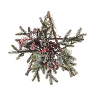dekorativer weihnachtlicher Dekostern zum Hängen mit Kunsttanne gefrosteten roten Beeren komplett fertig dekoriert