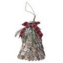 dekorative weihnachtliche Dekoglocke zum Hängen mit Naturrinde Naturzapfen Kunsttanne und karierter Schleife komplett fertig dekoriert in 2 möglichen Größen