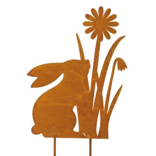 dekorativer Deko-Stecker Garten-Stecker Pick Hase mit Blümchen Metall edelrostig