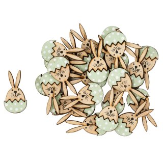 fröhliche Oster-Deko Streu-Deko Hase im Ei aus Holz Set a 24 Stück in hellgrün-weiß