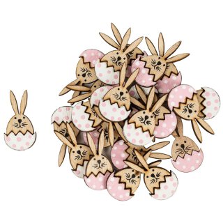 fröhliche Oster-Deko Streu-Deko Hase im Ei aus Holz Set a 24 Stück in rosa-weiß