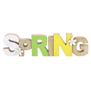 dekorativer frühlingshafter Schriftzug SPRING mit Blümchen in frischen Farben als ausgefallene Frühlingsdeko