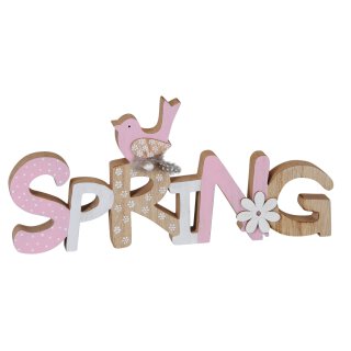 dekorativer Schriftzug Spring Frühling mit Vogel und Blume aus Holz in braun-rosa-weiß