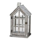 dekorative Gartenlaterne Tischlaterne Garten-Windlicht aus Holz shabby grau mit Metalldach in Haus-Form