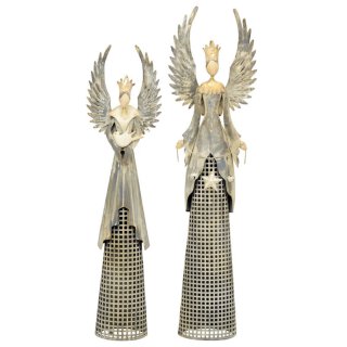 nostalgischer dekorativer ausgefallener Deko Engel mit Vögelchen oder Sternkette shabby grau-gold antike Optik