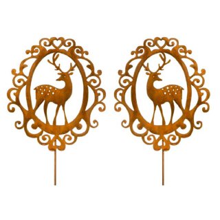 dekorativer Gartenstecker Beet-Stecker Motiv Hirsch im schnörkeligen Rahmen Preis für 2 Stück