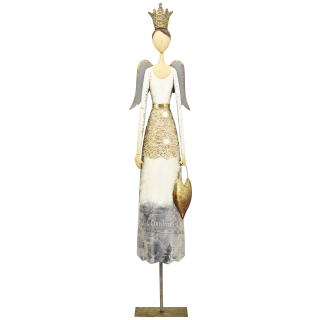 großer dekorativer stimmungsvoller Deko-Engel Metall-Engel mit Krone und Herz creme-grau-gold