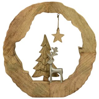 dekoratives ausgefallenes weihnachtliches Dekoobjekt Hirsch mit Tanne und Stern aus Holz und Aluminium