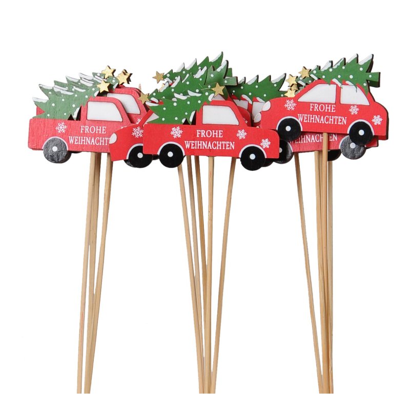 kleiner Dekostecker Pick rotes Weihnachtsauto mit Tannenbaum und Schr