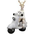 dekorative kleine witzige Dekofigur Hirsch im Wintermantel auf Motorroller