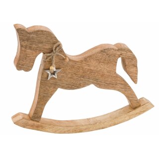 dekoratives Schaukelpferd Deko-Pferd als Silhouette Holz natur mit Dekoband und Metallsternchen groß