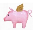 niedliches putziges rosafarbiges Mini Metallschwein mit goldenen Flügeln als Dekofigur
