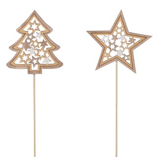 weihnachtlicher Dekostecker Pick Stern und Tanne am Stab mit Sternenmuster aus Holz braun 4 Stück