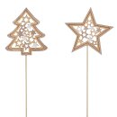 weihnachtlicher Dekostecker Pick Stern und Tanne am Stab mit Sternenmuster aus Holz braun 4 Stück