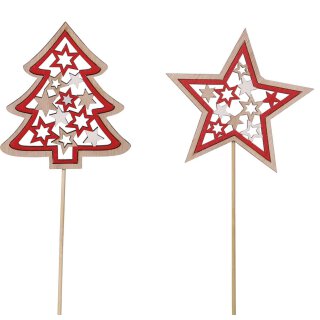 weihnachtlicher Dekostecker Pick Stern und Tanne am Stab mit Sternenmuster aus Holz rot 8 Stück