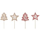 weihnachtlicher Dekostecker Pick Stern und Tanne am Stab mit Sternenmuster aus Holz rot 8 Stück