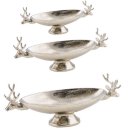 dekorative elegante stimmungsvolle Aluminium-Deko-Schale auf Fuß schmal und lang mit Hirschkopf-Deko