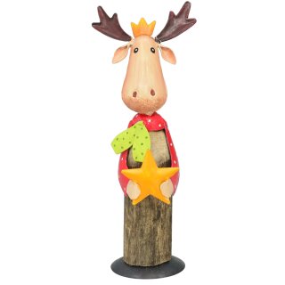 dekorative ausgefallene Deko-Figur Elch Holz und Metall bemalt mit Stern