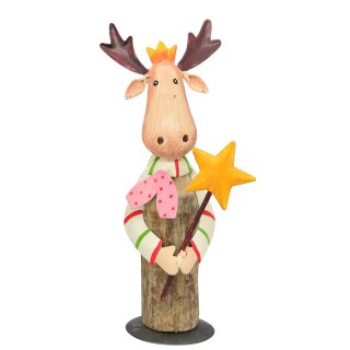 dekorative ausgefallene Deko-Figur Elch Holz und Metall bemalt mit Sternstab