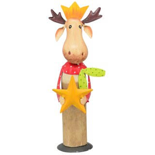 dekorative ausgefallene kleine Deko-Figur Elch Holz und Metall bemalt mit Stern