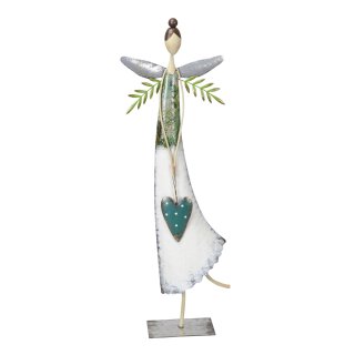 große dekorative nostalgische Dekofigur Elfe mit petrolfarbenem Herz Metall weiß-grün von Hand bemalt