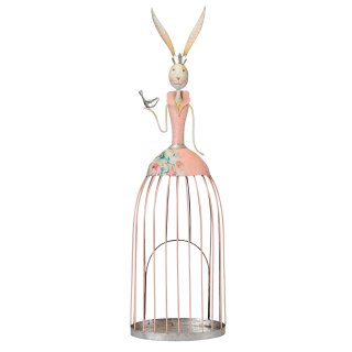 große dekorative nostalgische Dekofigur Hasenprinzessin mit Vögelchen als Windlichtfigur Metall rosa