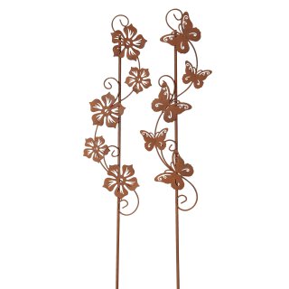 dekorativer Gartenstecker Blumenranke und Schmetterlingstanz Metall rostig