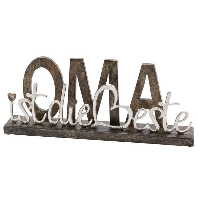 dekorativer Schriftzug OMA IST DIE BESTE aus Mangoholz und Aluminium 