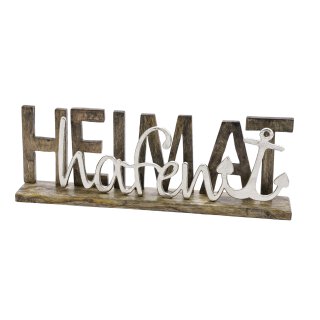 dekorativer Schriftzug HEIMATHAFEN aus Mangoholz und Aluminium