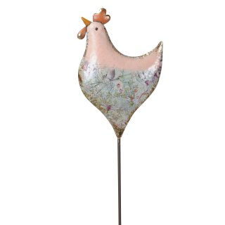 dekorativer ausgefallener Gartenstecker Hahn oder Huhn Metall bemalt in creme und rosa mit Pastelltönen