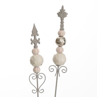 dekorativer ausgefallener Gartenstecker Motiv Lilie Metall grau mit creme-hellrose- silberfarbigen Kugelornamenten im 2-er Set