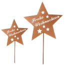 weihnachtlicher Garten-Stecker Stern "Frohe Weihnachten" Metall rostfarben mit etwas Goldglitzer im 2-er Set