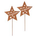 weihnachtlicher Garten-Stecker Stern "Frohe Weihnachten" Metall rostfarben mit etwas Goldglitzer im 2-er Set