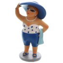 dekorative witzige kleine Dekofigur Strandlady mit Badetuch oder Badetasche blau-weiß