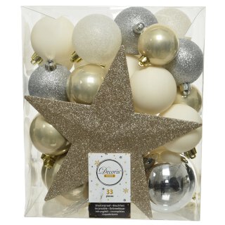 33er Set Kugelmix PVC mit Sternspitze perle silber weiß Weihnachtskugeln Baumschmuck bruchfest Christbaumschmuck