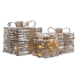 dekorative LED Leuchte aus beschneitem Rattan in Form von Geschenken als 3-er Set nur für innen