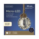 dekorative LED Leuchte als Glaskugel in antiksilber - cracklee - Optik am dicken Sisal-Tau für innen